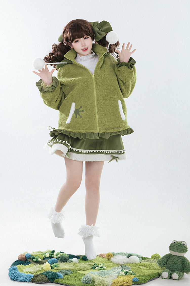 Green [Frog] Long Sleeves Bowknot Hooded Sweet Lolita Coat