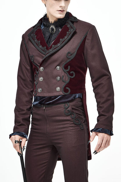 Red Front Floral Webbing Metal Retro Button Weft Velveteen Men's Gothic Tailcoat