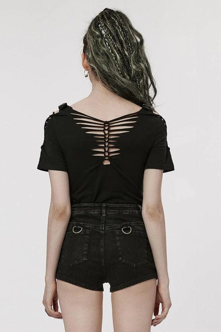Black Short Sleeves Ripped Womens Steampunk T-Shirt with Adjustable Distressed Shoulders and Chest