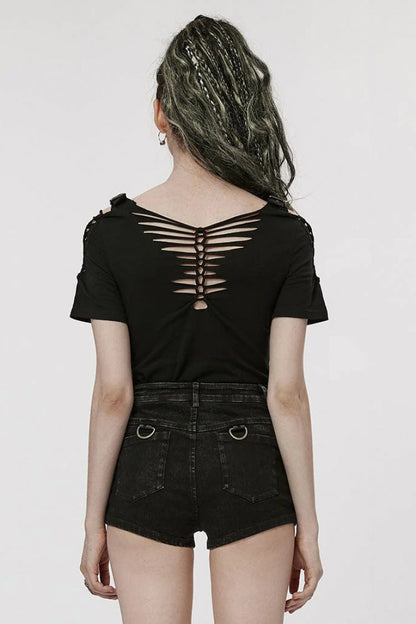Black Short Sleeves Ripped Womens Steampunk T-Shirt with Adjustable Distressed Shoulders and Chest