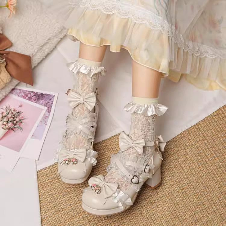 Sweet Bowknot Stitching Lace Princess Lolita High Heels 6 Colors
