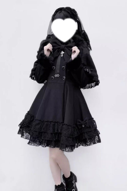 Magician Long Sleeves Removable Cape Bowknot Lace Gothic Jirai Kei Coat