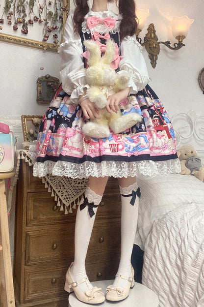 Black/Pink Doll Playground Print Ruffle Bowknot Sweet Lolita Jsk Dress