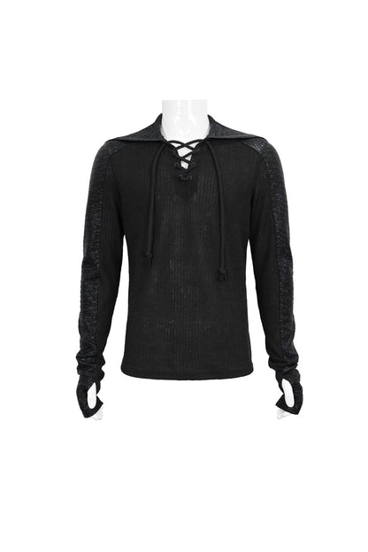 Black Trendy Dark Tether V-Neck Panel Knit Hooded Men's Punk T-Shirt
