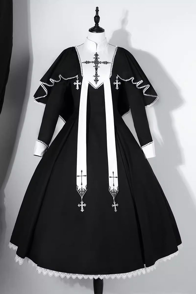 Black [Nun] Long Sleeves Print Stitching Lace Gothic Elegant Lolita Dress