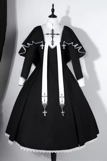 Black [Nun] Long Sleeves Print Stitching Lace Gothic Elegant Lolita Dress