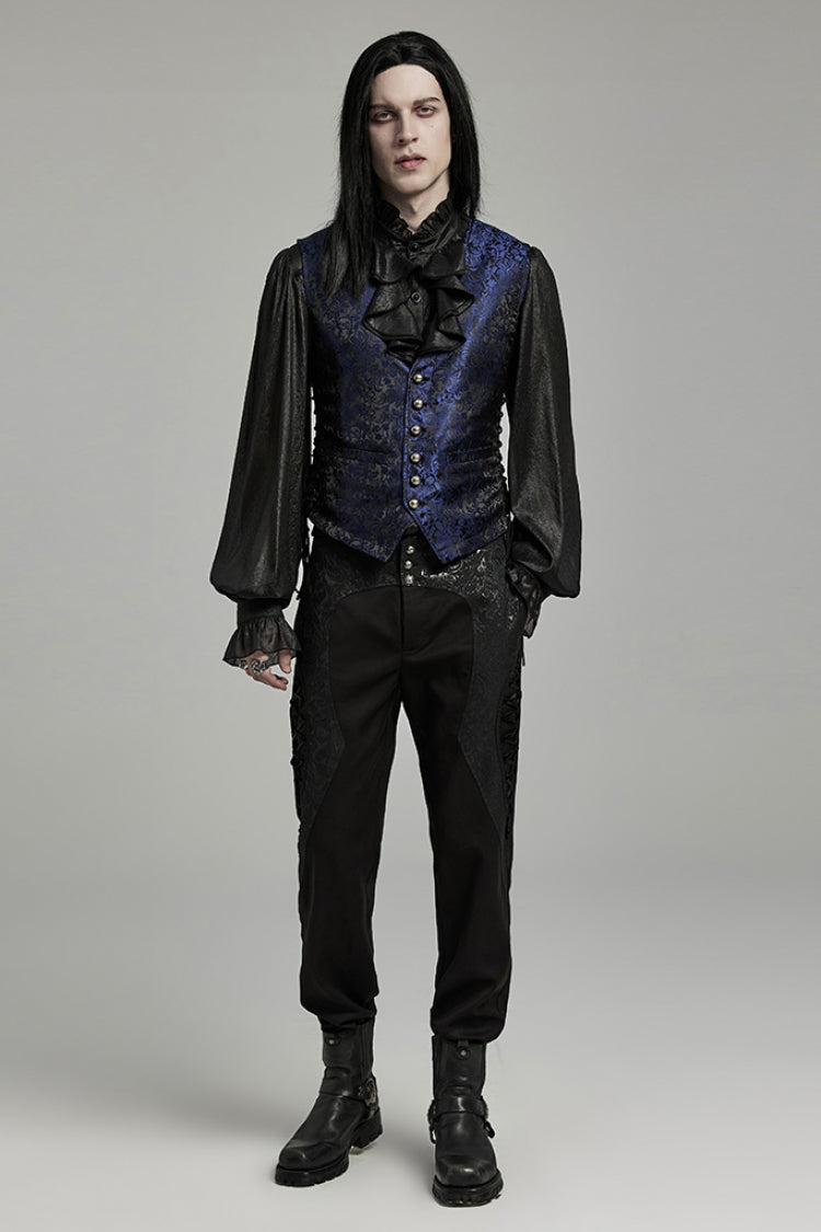 Black/Blue V Collar Jacquard Lace-Up Men's Gothic Vest