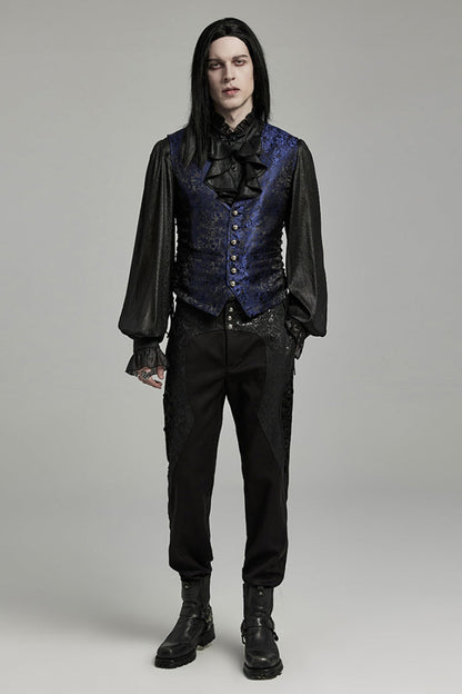Black/Blue V Collar Jacquard Lace-Up Men's Gothic Vest