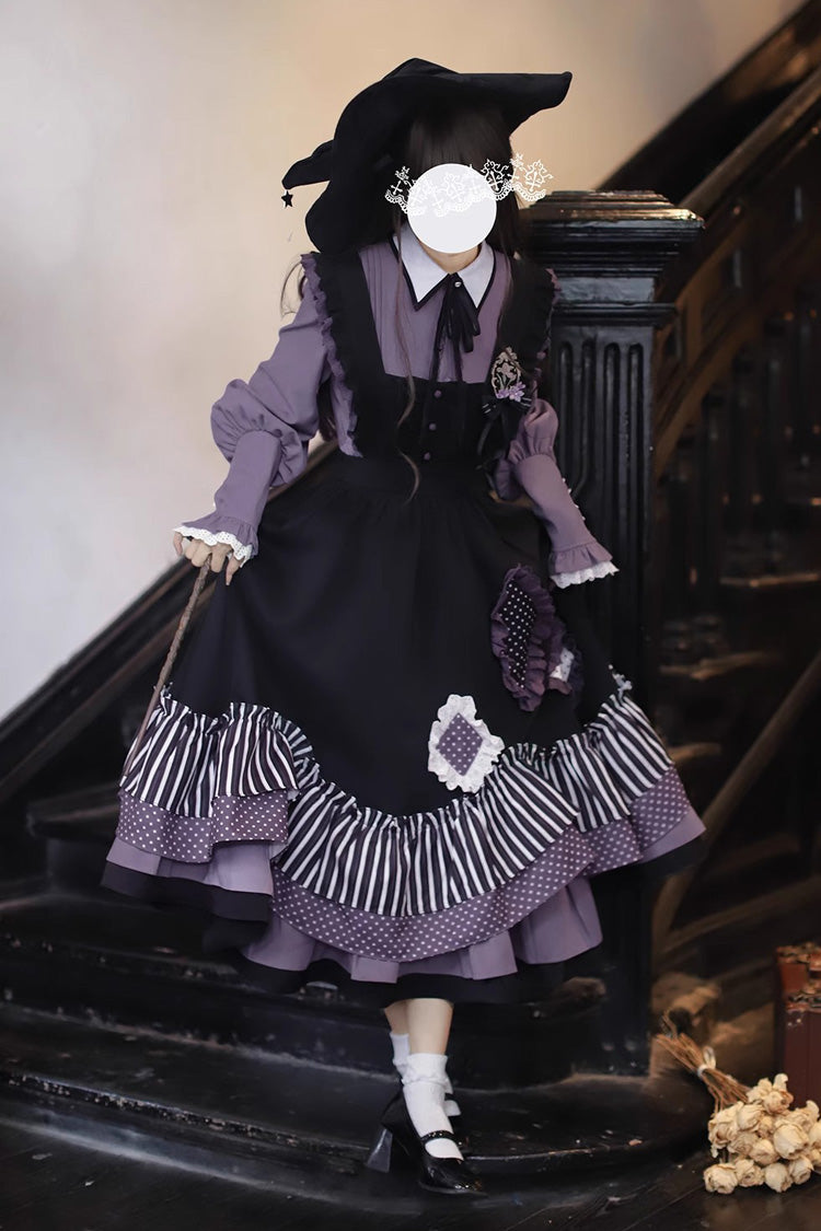 Black [Witch Academy] Double-Layered Stripe Print Ruffle Bowknot Irregular Sweet Lolita Jumper Dress