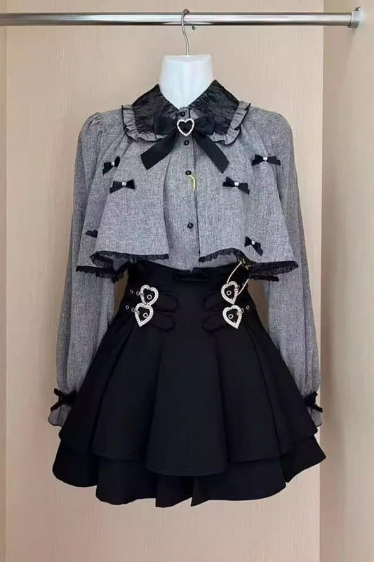 Black/Grey Long Sleeves Ruffled Double Heart Buckle Japanese Jirai Kei Set