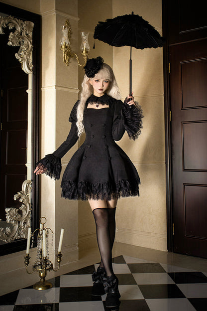 Black [Midnight Whisper] Double-breasted Short Sleeves Hollow Gothic Lolita Dress