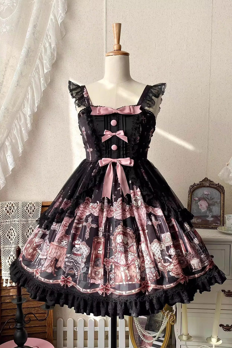 Black [The Case of the Missing Lamb] Print Ruffle Bowknot Lace Gothic Lolita Jsk Dress