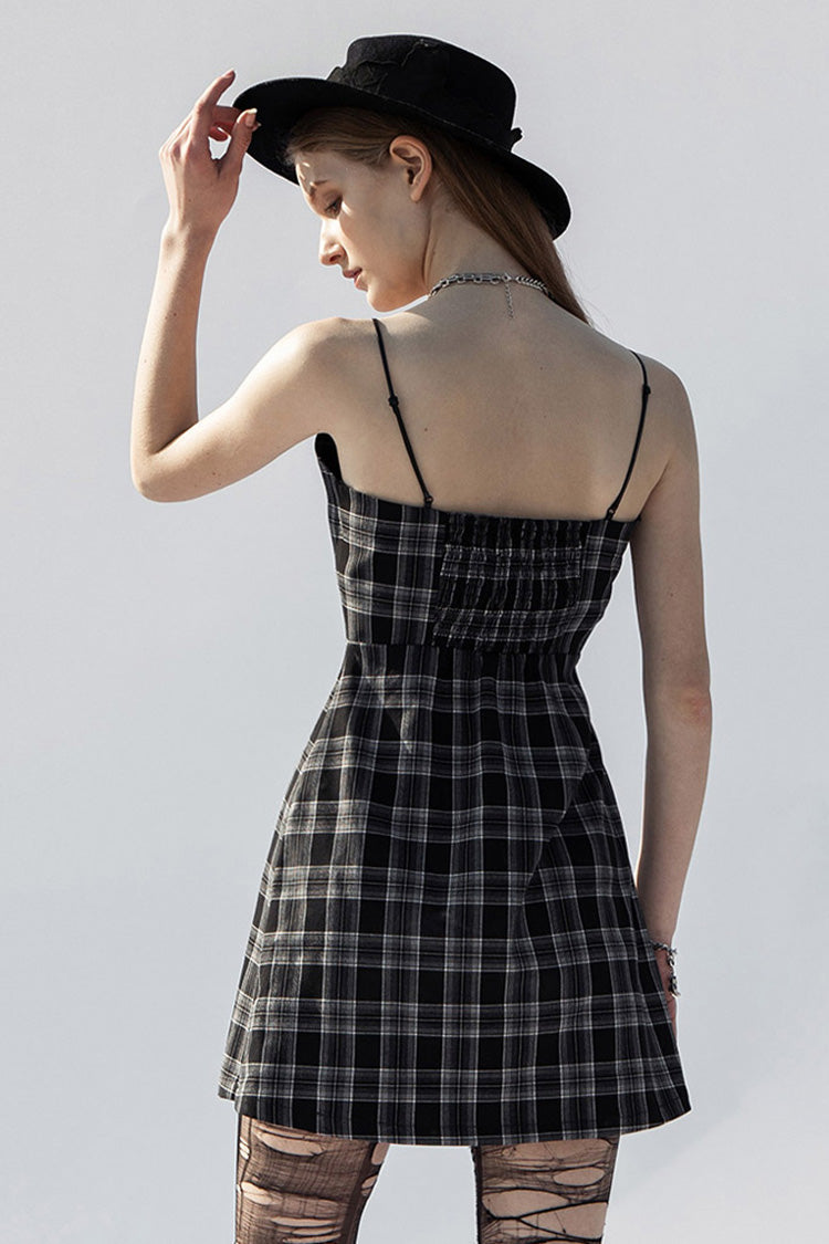 Black/White Plaid Skull Studded Belt Women's Punk Suspender Dress
