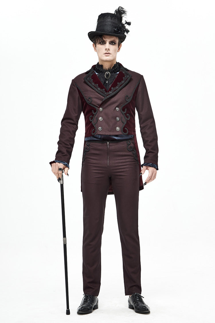 Red Front Floral Webbing Metal Retro Button Weft Velveteen Men's Gothic Tailcoat