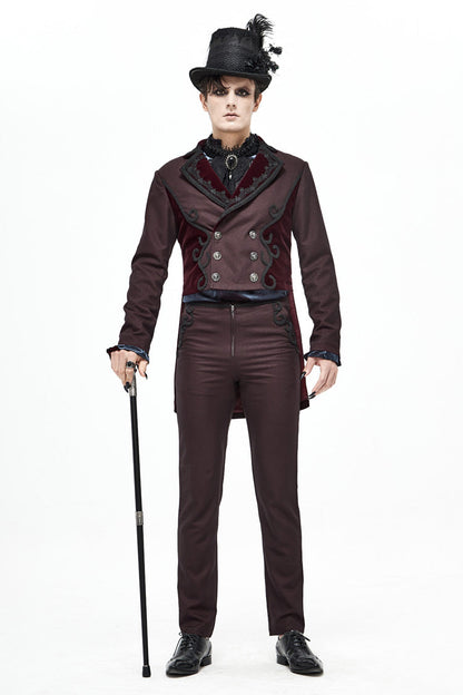 Red Front Floral Webbing Metal Retro Button Weft Velveteen Men's Gothic Tailcoat