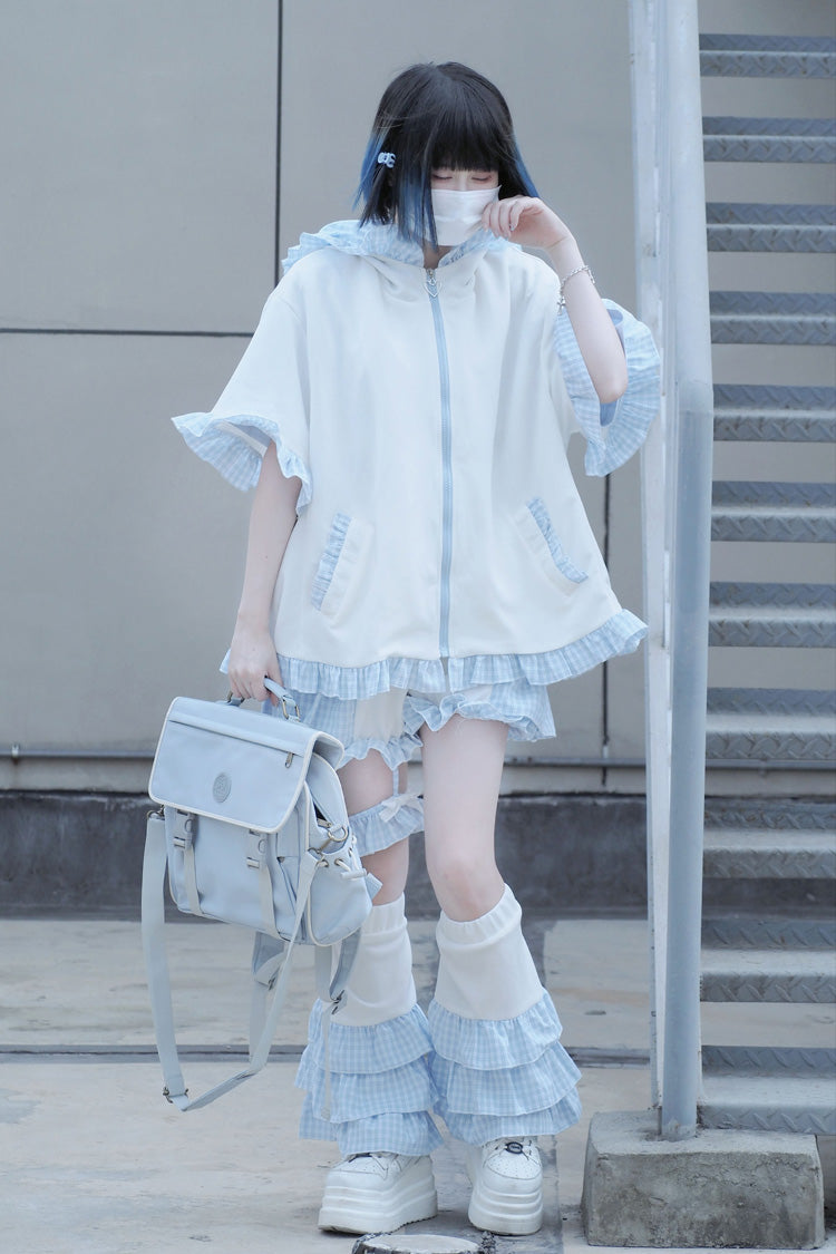White/Blue [Heart Signal] Short Sleeves Plaid Print Jirai Kei Coat