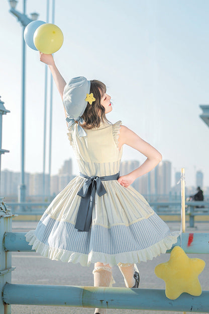 Blue/Ivory Catch The Stars Print Navy Style Sleeveless Ruffle Bowknot Sweet Lolita Dress