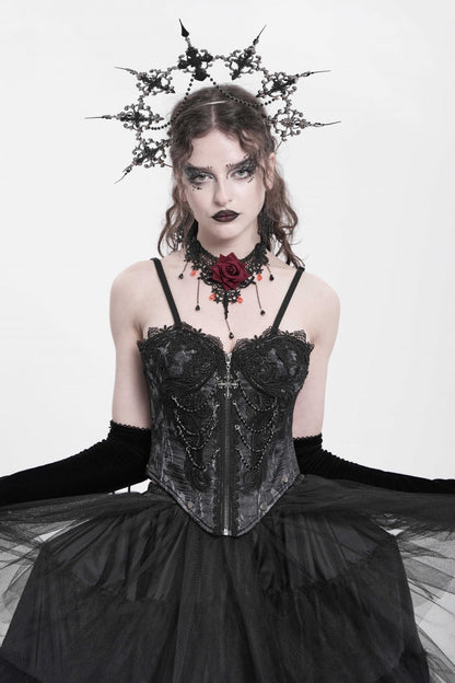 Black Sleeveless Embroidery Lace Chain Women's Gothic Vest