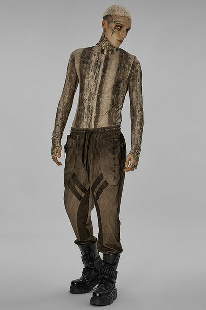 Black/Yellow Punk High Collar Technology Sense Printing Elasticity Tight Long Sleeves Men's Shirt