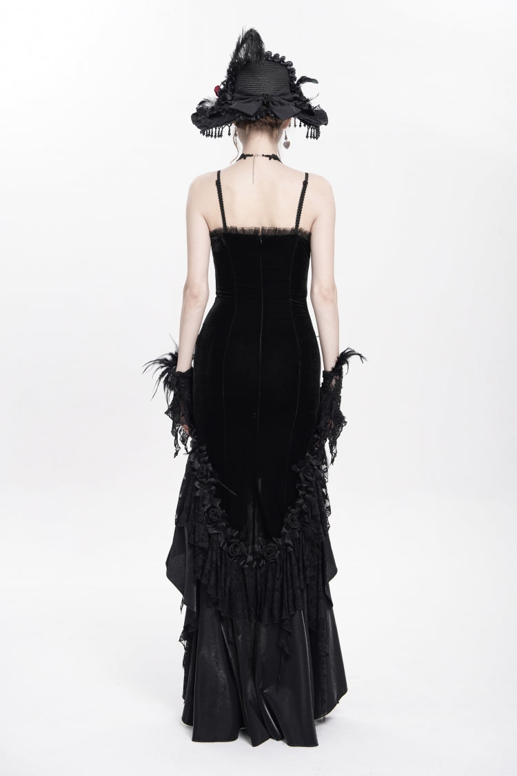 Black Sleeveless Cross Ruffled Floral Embroidered Chain-Decorated Women's Gothic Long Slip Dress