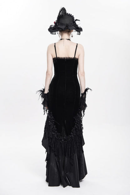 Black Sleeveless Cross Ruffled Floral Embroidered Chain-Decorated Women's Gothic Long Slip Dress