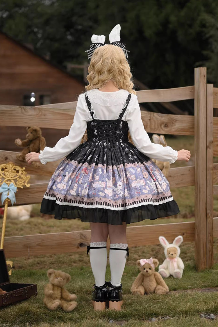 Black [Alice’s Fantasy Tale] Square Collar Sleeveless Printed Bow Gothic Lolita Dress
