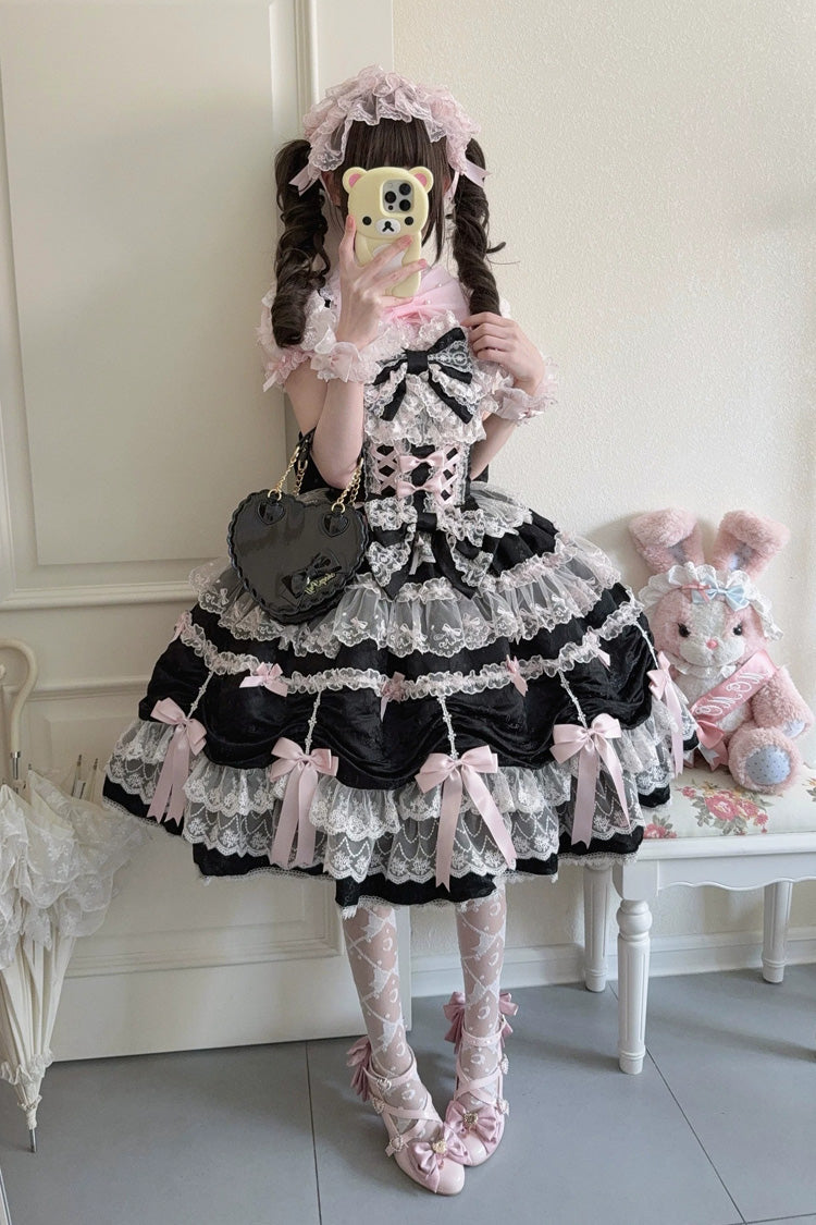Black/Pink [Silk Satin Gift Box] Square Collar Sleeveless Multi-Layered Ruffled Bow Lace Sweet Lolita Jsk Dress