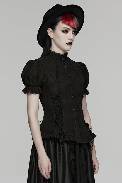 Black Stand Collar Short Puff Sleeves Ruffled Lace-Up Women's Gothic Blouse