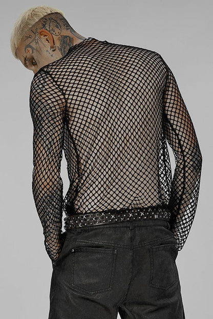 Black Punk Mesh See Through Sexy Long Sleeve Men's T-Shirt
