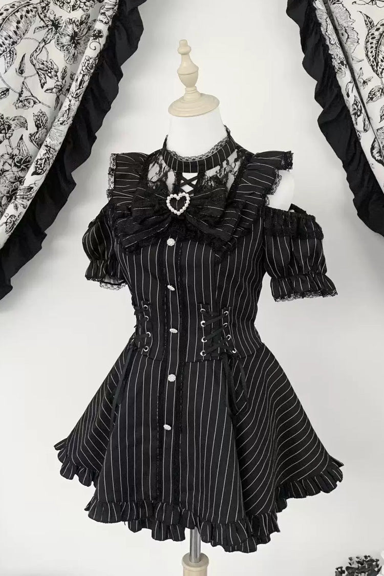 [Silver Candle Elegy”] Short Sleeves Printed Ruffled Cut-Out Bow Gothic Jirai Kei Top and Shorts Set 2 Colors