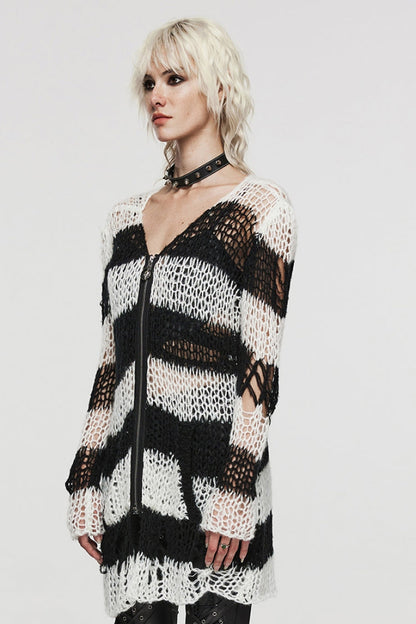 Long Sleeves Striped Print Zipper Irregular Ripped Women's Steampunk Sweater 4 Colors