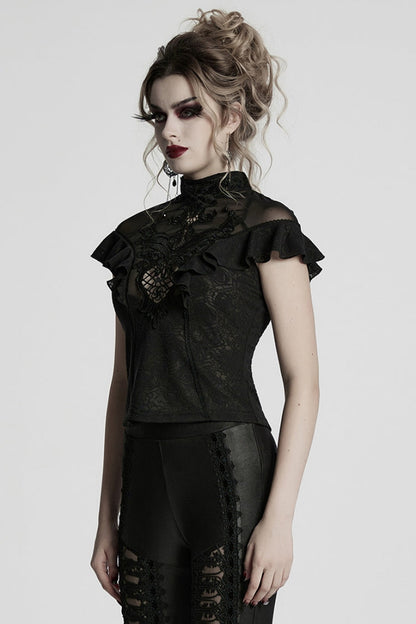 Black Stand Collar Short Sleeves Ruffle Hollow Embroidery Lace Sheer Women's Gothic Blouse