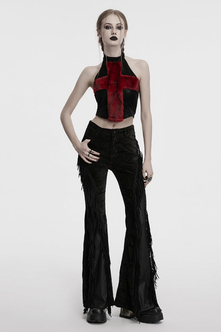 Black/Red Halterneck Sleeveless Cross Faux Fur Stitching Women's Punk Vest