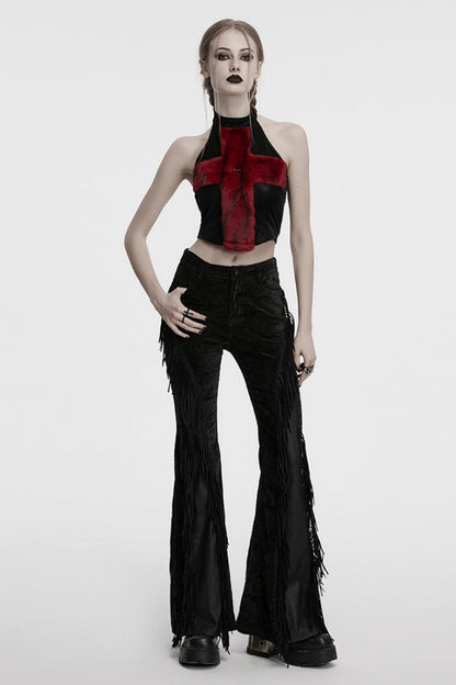 Black/Red Halterneck Sleeveless Cross Faux Fur Stitching Women's Punk Vest