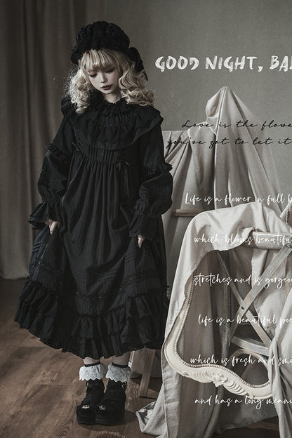Black [Good Night] Long Sleeves Double-Layered Ruffle Bowknot Lace-Up Holy Gothic Lolita Dress