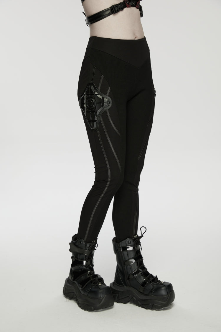 Black Slim Women's Punk Armor-Accentuated Paneled  Leggings