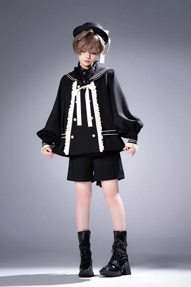 Black [City of Mist] Navy Collar Long Sleeves Gothic College Style Prince Ouji Lolita Shorts Coat Set