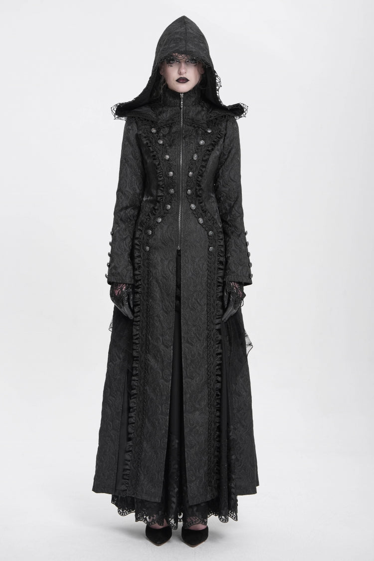 Black Stand Collar Long Sleeves Ruffle Hooded Women's Gothic Long Coat