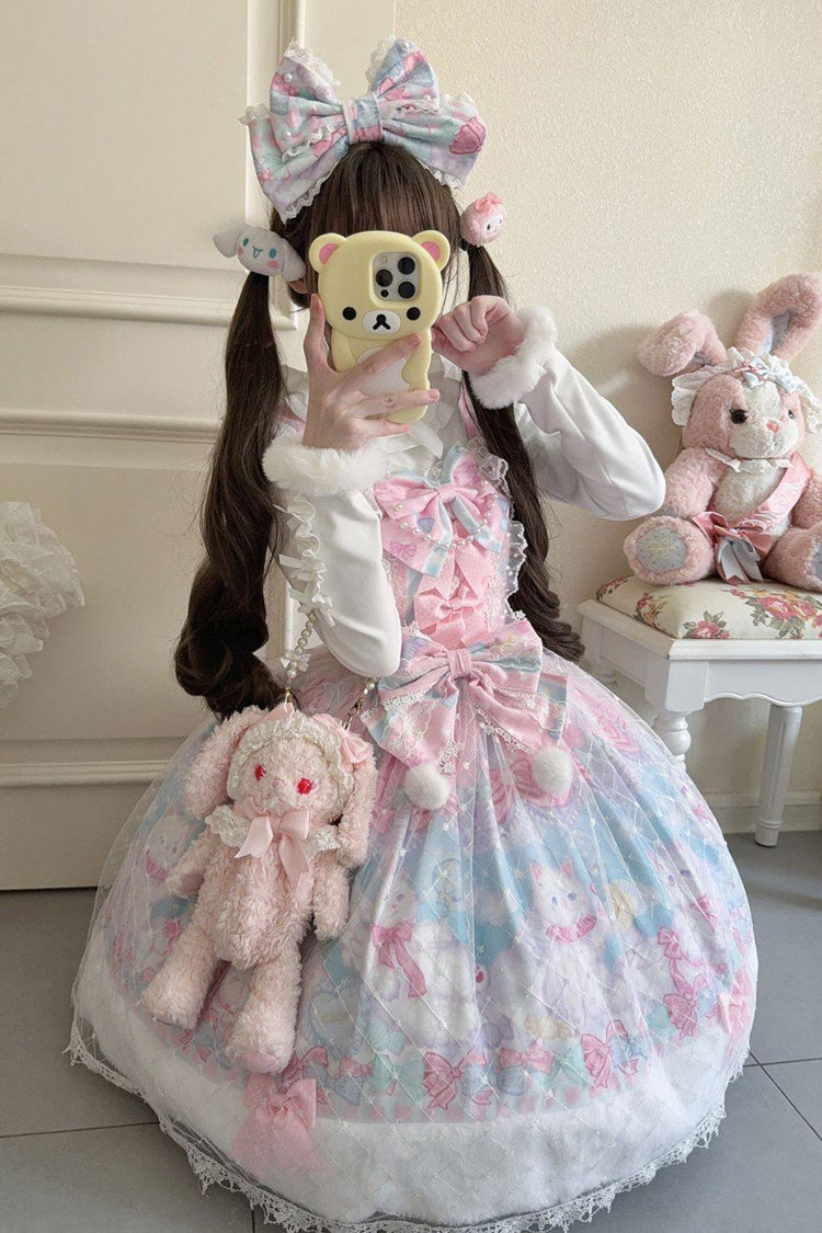 Pink/Blue [Candy Mary Cat] Printed Ruffled Embroidered Bow Lace Sweet Lolita Jsk Dress