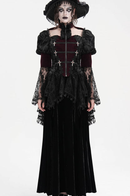 Wine Red Long Sleeves Hollow Lace Tassels Women's Gothic Jacket