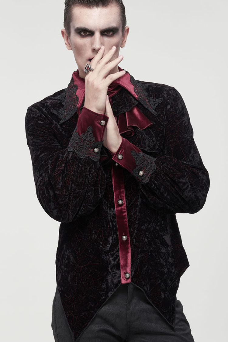 Black/Red Gothic Lace Stand Collar Ruffle Lantern Sleeves Velvet Crack Men's Shirt