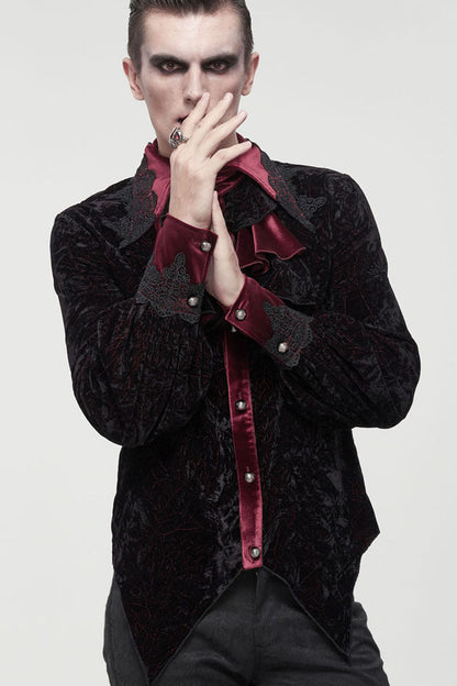 Black/Red Gothic Lace Stand Collar Ruffle Lantern Sleeves Velvet Crack Men's Shirt