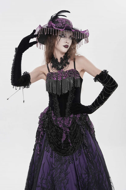 Black/Purple Lace-Up Women's Gothic Embroidered Tassels  Overbust Corset