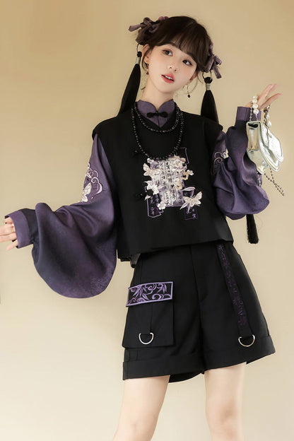Black/Purple Stand Collar Long Sleeves Embroidery Classic Chinese Style Prince Hanfu Ouji Set