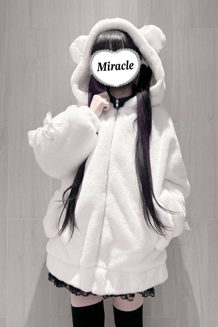 [Sleepy Bear Fluffy] Bear Ears Long Sleeves Bow Lace-Up Hooded Zippered Sweet Jirai Kei Japanese Coat