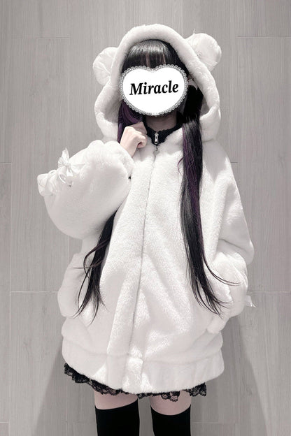 [Sleepy Bear Fluffy] Bear Ears Long Sleeves Bow Lace-Up Hooded Zippered Sweet Jirai Kei Japanese Coat