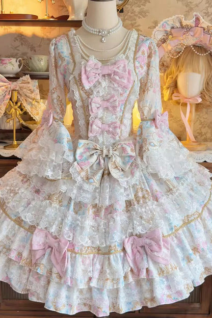 Blue [Candlelight Elegance] Long Trumpet Sleeves Multi-Layered Ruffle Bowknot Lace Sweet Elegant Lolita Dress