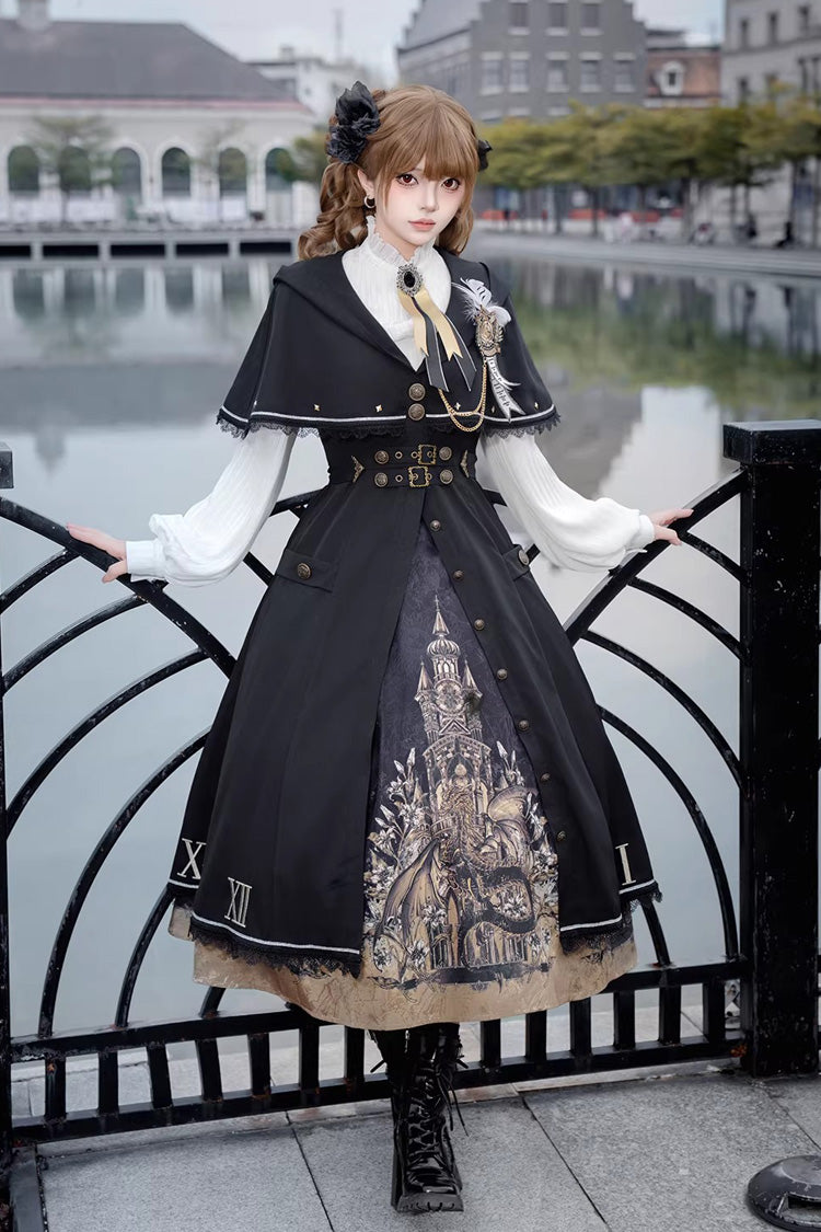 Black [Dragon’s Aria] Long Sleeves Printed Embroidered College Style Gothic Vintage Lolita Dress Three-Piece Set