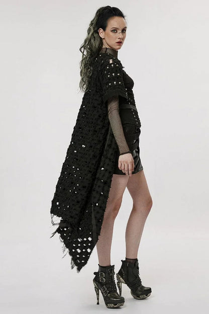 Black Ripped Buckle Hollow Irregular Womens Steampunk Blouse Cardigan