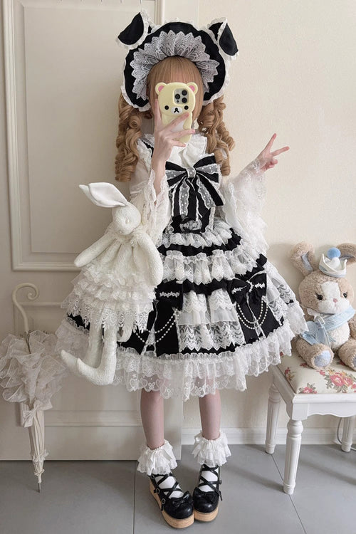 Black [Knot of the Crossed Heart] Sleeveless Multi-Layered Ruffle Hanayome Cardigan Bowknot Lace Lace-Up Sweet Lolita Jsk Dress